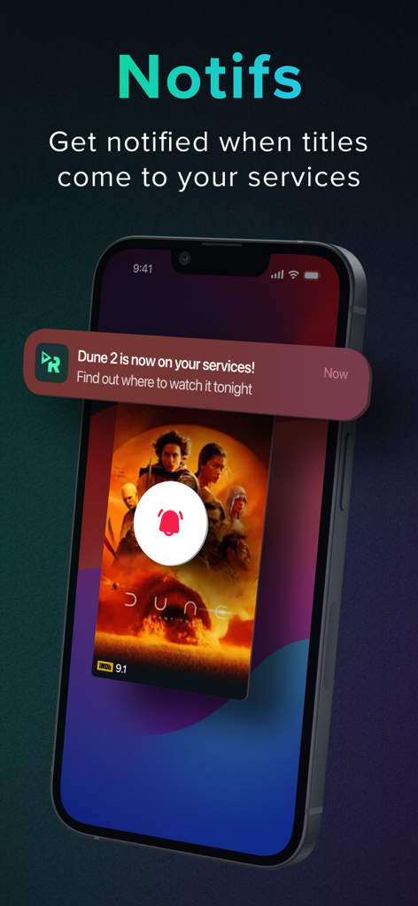 Una pantalla de teléfono inteligente que muestra una notificación de la aplicación Reelgood alertando a un usuario que una película está disponible en sus servicios de streaming.