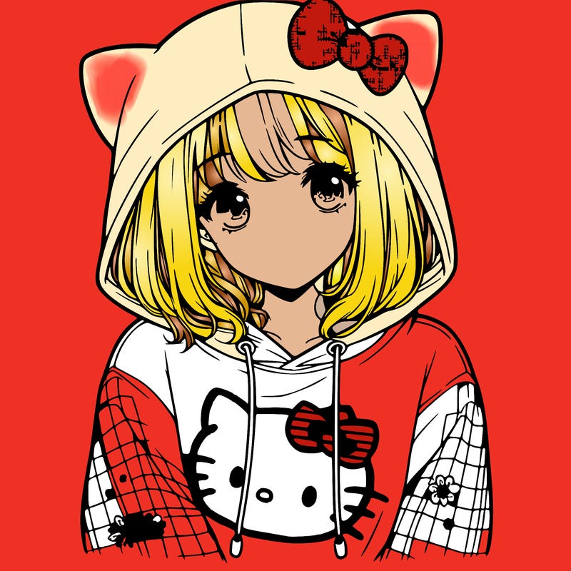 a girl wearing a hello kitty sweater with hood also realistic