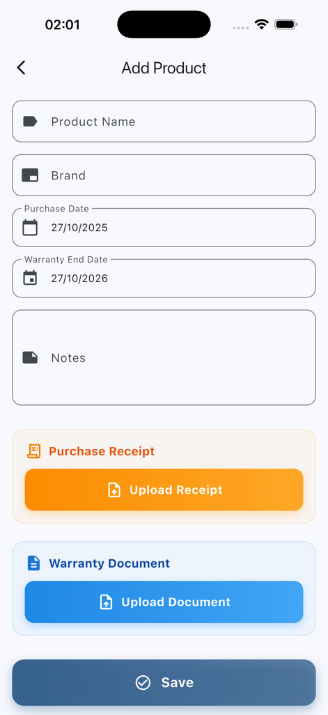 Interface for adding a new product to the warranty tracker including fields for brand purchase date and receipt upload