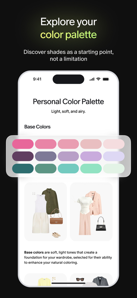 Lumi: styling & shopping - Captura de pantalla de la aplicación Lumi que muestra una paleta de colores personal con tonos suaves y claros y sugerencias de atuendos a juego para orientación de estilo.