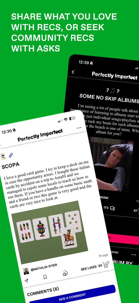 The FYI by Perfectly Imperfect app interface showing community recommendations for albums and card games.