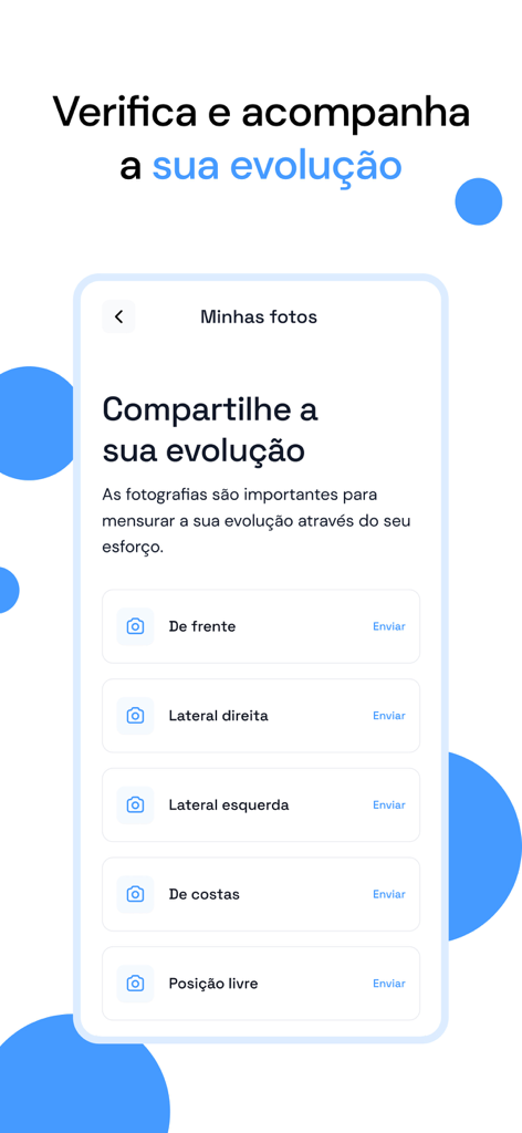 Prime Coaching - Interface do aplicativo Prime Coaching mostrando opções para carregar fotos de progresso de diferentes ângulos para acompanhar a evolução física.