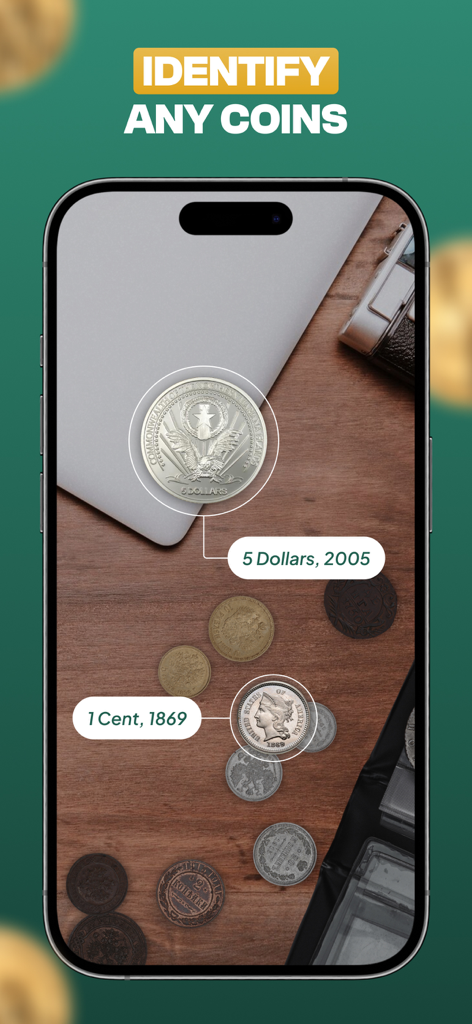 CoinID AI Coin Identifier - Mobile app screen showing AI identification of a 2005 five dollar coin and an 1869 one cent coin on a wooden surface