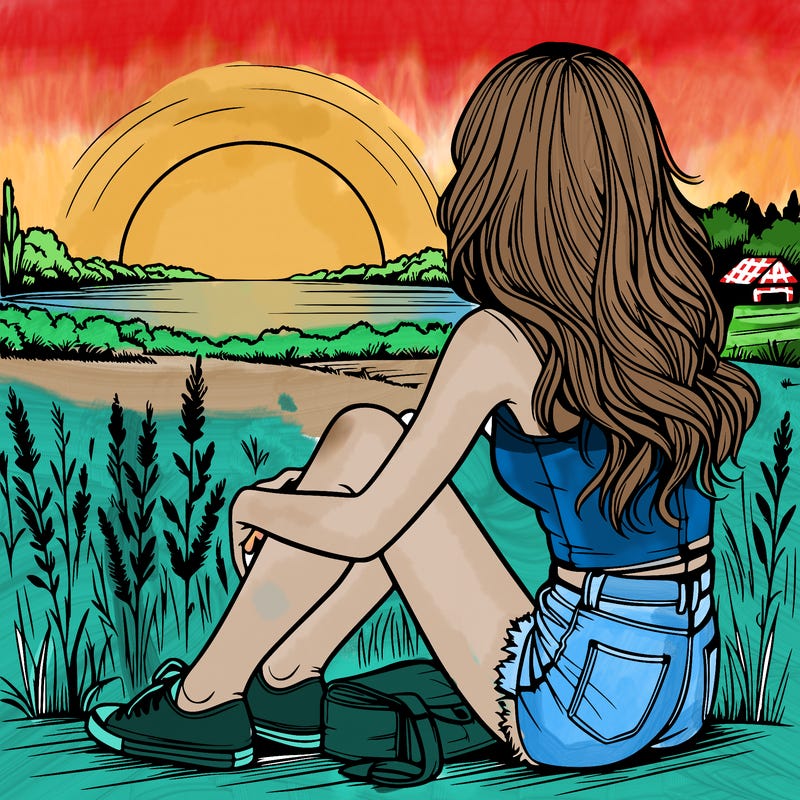 realistic girl sitting and watching the sunset