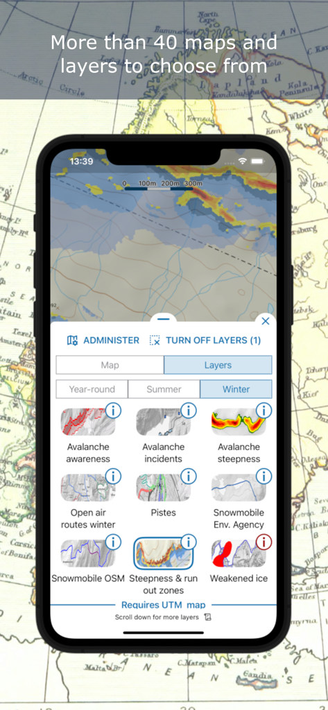 Norgeskart friluftsliv - Norgeskart friluftsliv app interface showing technical winter map layers like avalanche awareness and ski pistes