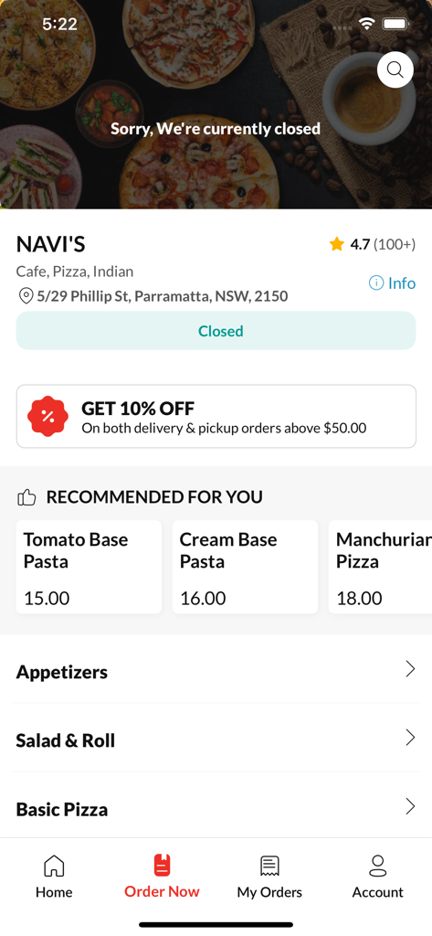 NAVI'S - NAVI'S mobile app interface displaying restaurant menu categories and a 10 percent discount offer.