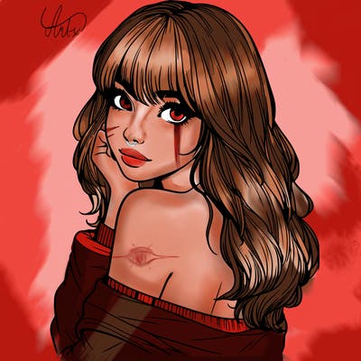 realistic girl with bangs looking over her shoulder