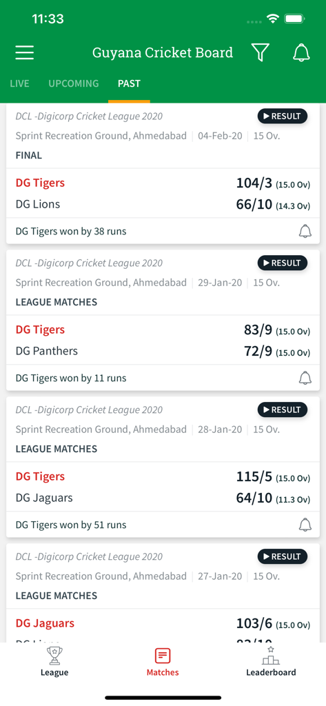 Guyana Cricket Board - GCB - A list of past cricket match results in the Guyana Cricket Board app showing scores for teams like DG Tigers and DG Lions.