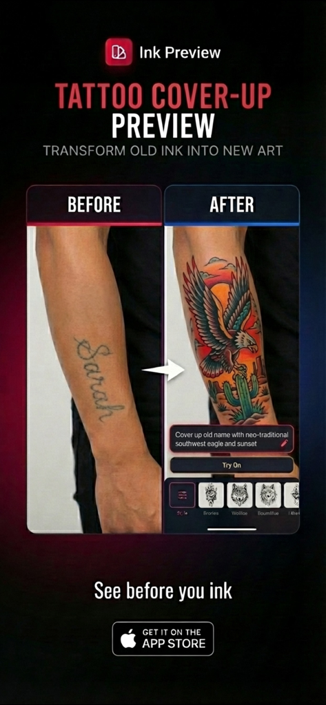 Tattoo AI Designer InkPreview - Comparação antes e depois mostrando uma tatuagem de nome desbotada coberta por um design colorido neo-traditional de águia em um antebraço