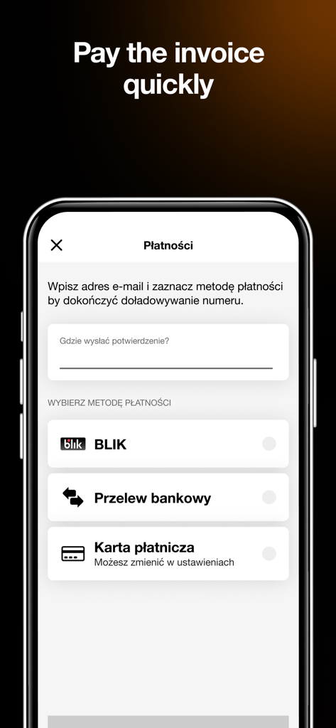 Mój Orange - Pantalla móvil que muestra las opciones de pago en la aplicación Mój Orange, incluyendo transferencia bancaria BLIK y tarjeta de crédito