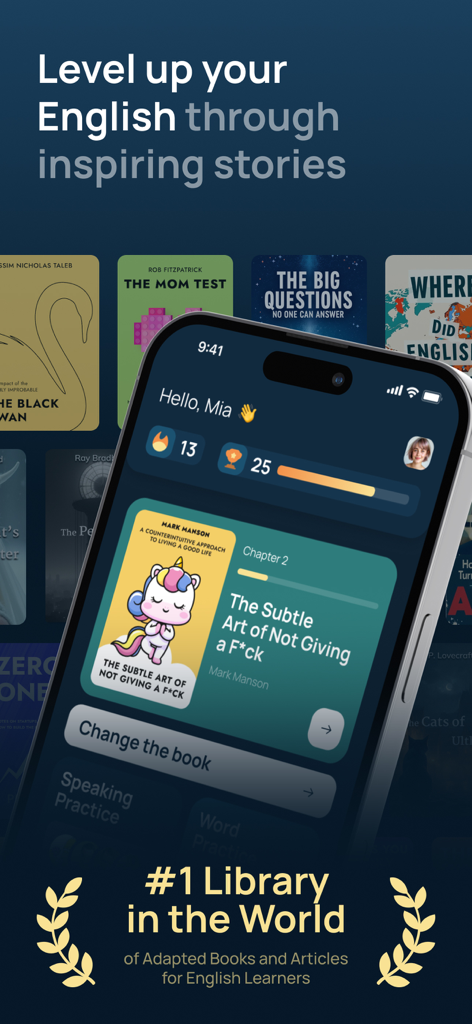 Storist: Read & Speak English - Smartphone displaying the Storist app library with adapted books and articles for learning English