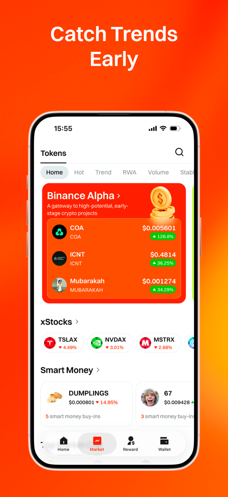 UXUY: Gasless On-Chain Trading - UXUY mobile app interface displaying crypto market trends and Binance Alpha high-potential projects