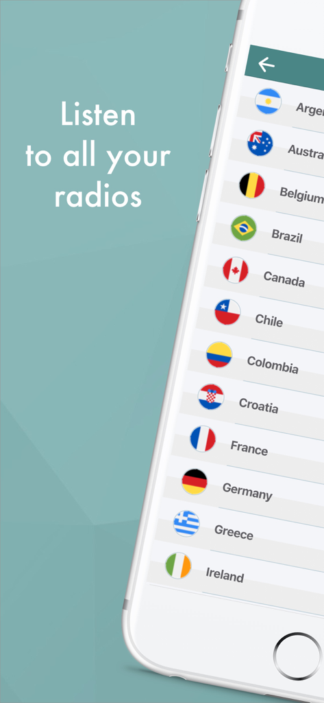 World Radio FM - Live Stations - World Radio FM app interface showing a list of international radio stations organized by country flags.