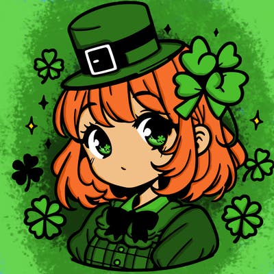 a manga-style girl with clovers around her, a little hat in her hair, like it's saint patrick's day