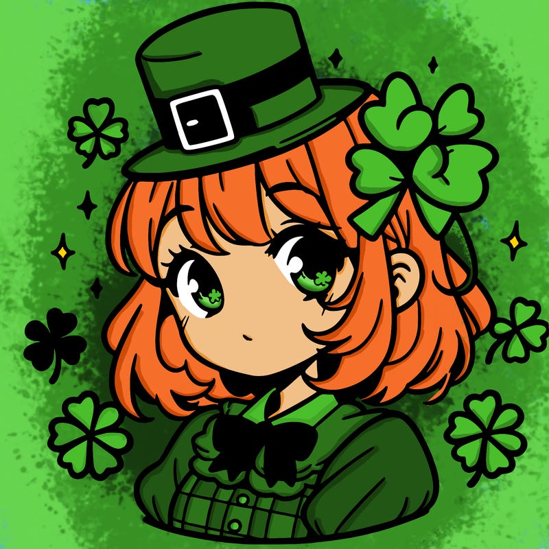 a manga-style girl with clovers around her, a little hat in her hair, like it's saint patrick's day