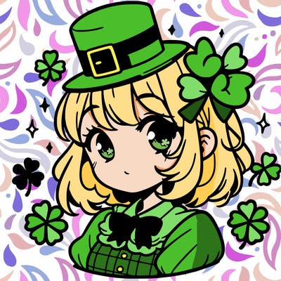 a manga-style girl with clovers around her, a little hat in her hair, like it's saint patrick's day