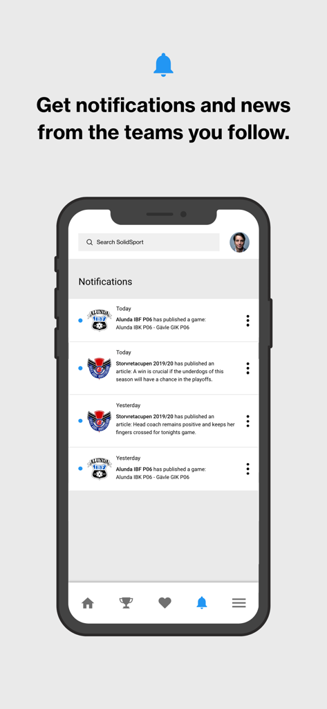 SolidSport - SolidSport app notifications feed showing news and game updates from followed youth sports teams.