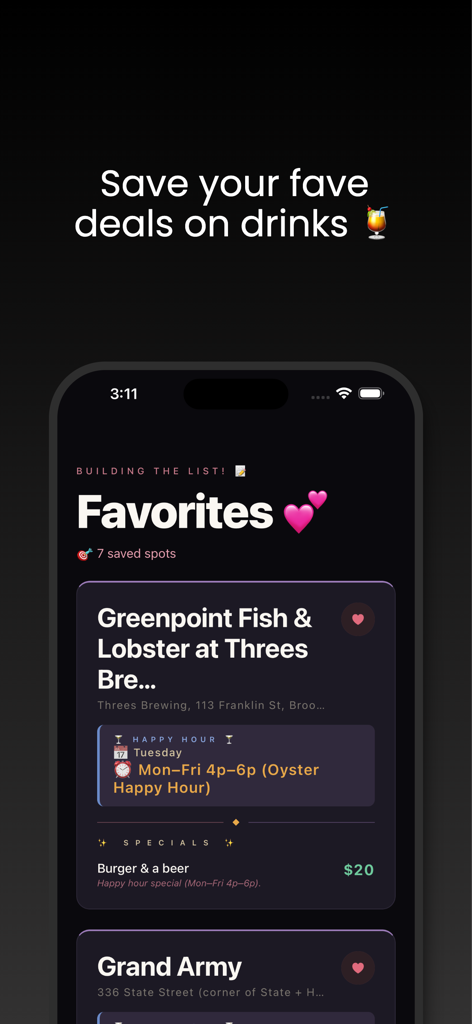 Cheers NYC - Cheers NYC app Favorites screen showing saved happy hour deals for local bars and restaurants