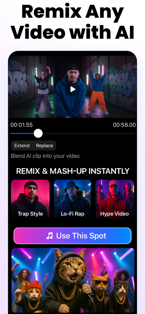 Rap AI - Make Music Videos - Rap AI app interface showing how to remix videos and create AI music mashups in various styles