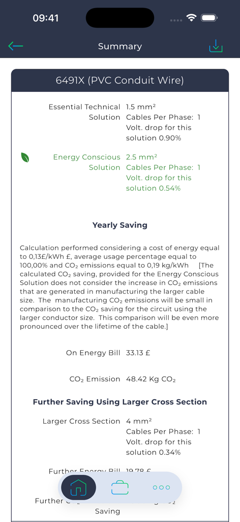 CableApp - Resumen de informe de CableApp para cable de conducto de PVC que muestra ahorros de energía y CO2.