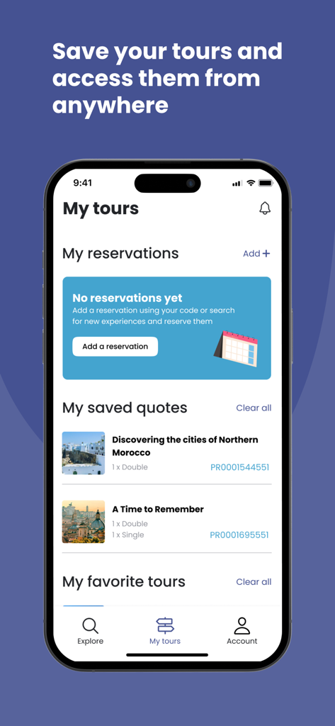 Interfaz 'Mis Tours' de la app Europamundo para gestionar reservas de viaje y cotizaciones guardadas