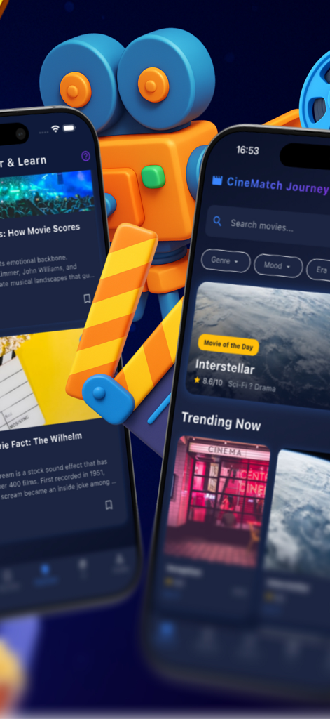 CineVerses - CineVerses app interface featuring trending movies and movie of the day with 3D cinematic graphics.
