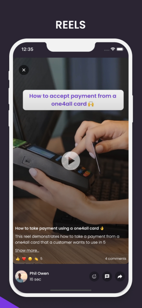 Mobile screen showing a training reel in the Reelyze app about processing card payments.