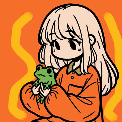 girl with long hair and a oversized shirt. and she is holding a frog