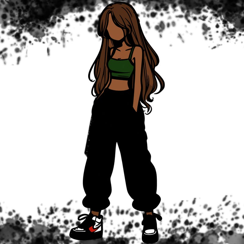 girl in baggy pants crop top and long hair