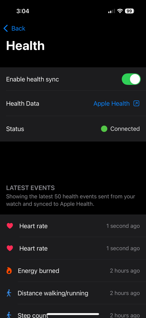 Interfaccia che mostra la funzione di sincronizzazione sanitaria abilitata per i dati di frequenza cardiaca e passi nell'app Merge