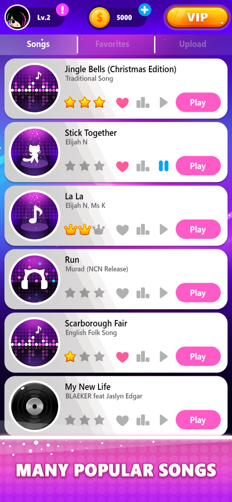 The song selection menu in Color Tiles Vocal Piano Game showing a list of popular tracks with star ratings and play buttons.