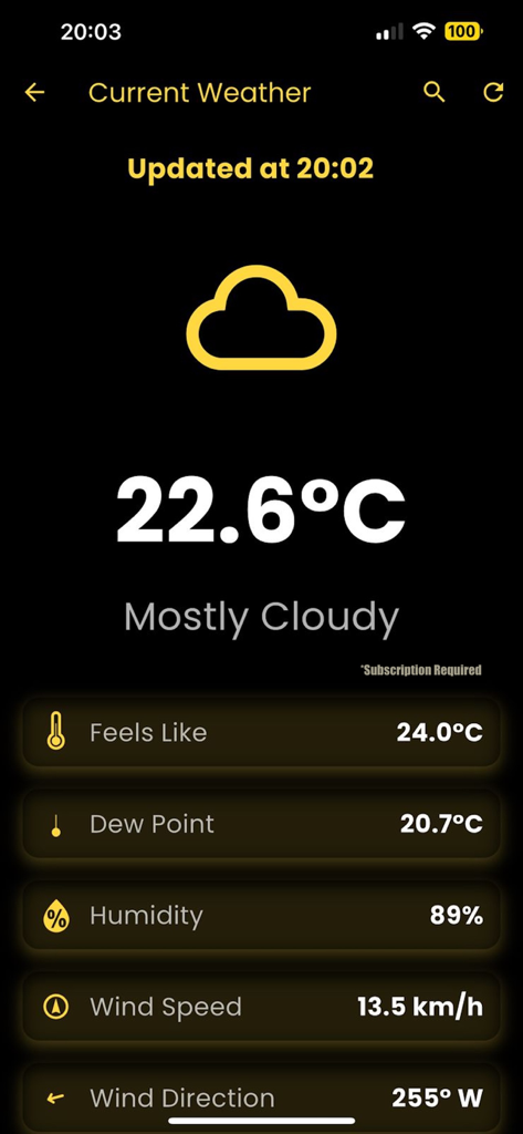 PDRadar - Current weather screen in the PDRadar app showing temperature humidity and wind details