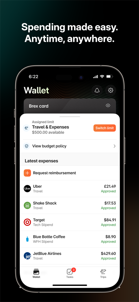 Brex - Brex mobile app wallet screen showing assigned spending limits and a list of approved business expenses.