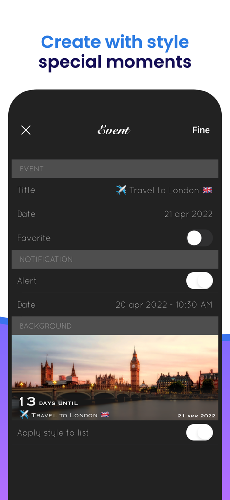 Big Days - Events Countdown - A screen within the app for creating and customizing a countdown event with background images and alerts