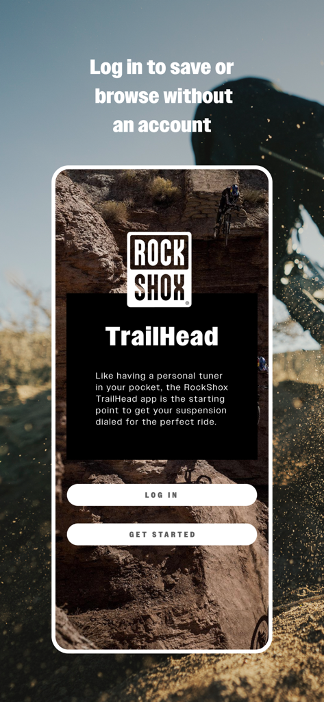 Welcome screen of the RockShox TrailHead app with login and get started buttons over a mountain bike trail background