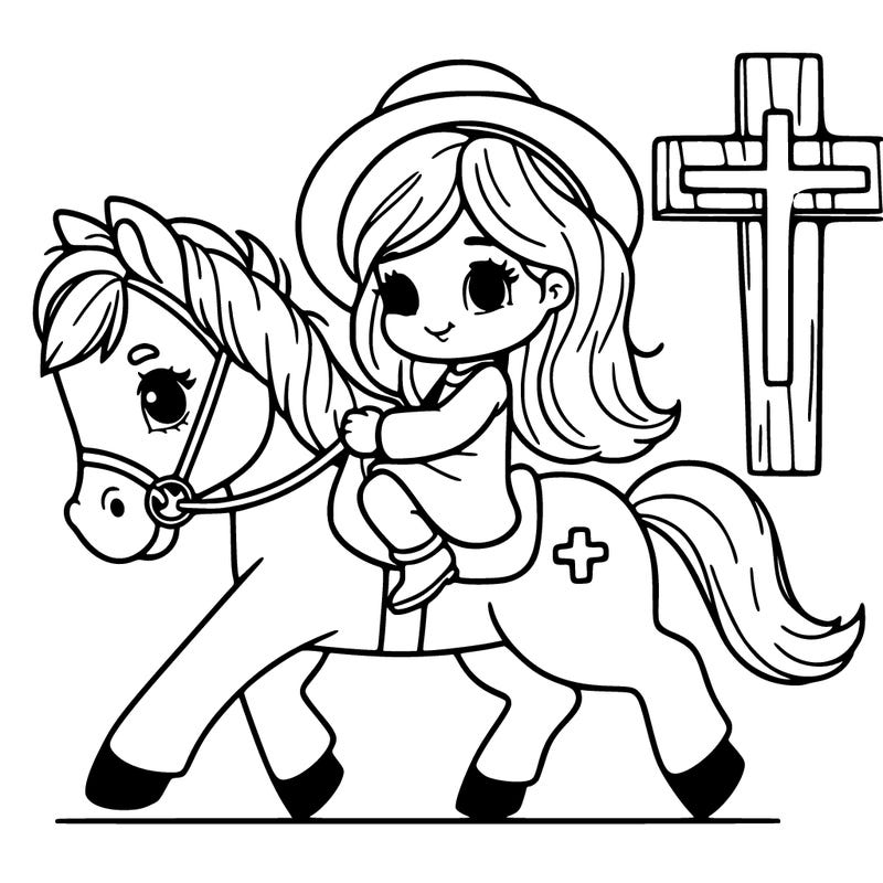 girl riding a horse with a cross