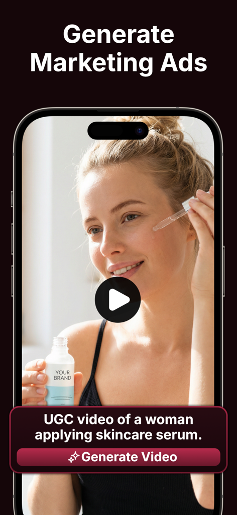 Clipro - AI Video Maker - Interface do aplicativo Clipro mostrando a geração de um vídeo de marketing UGC para um sérum de cuidados com a pele a partir de um prompt de texto.