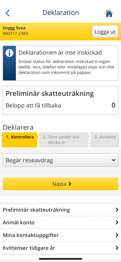 Skatteverket - Mobile interface of the Skatteverket app showing the Swedish tax declaration process and preliminary calculation screen