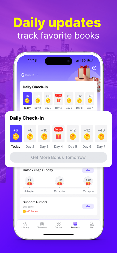 Readink – Stories & Books - Readink app interface showing a daily check-in reward screen with bonus coins for readers.