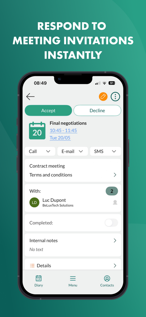 SuperOffice Mobile CRM interface showing a meeting invitation with accept and decline options