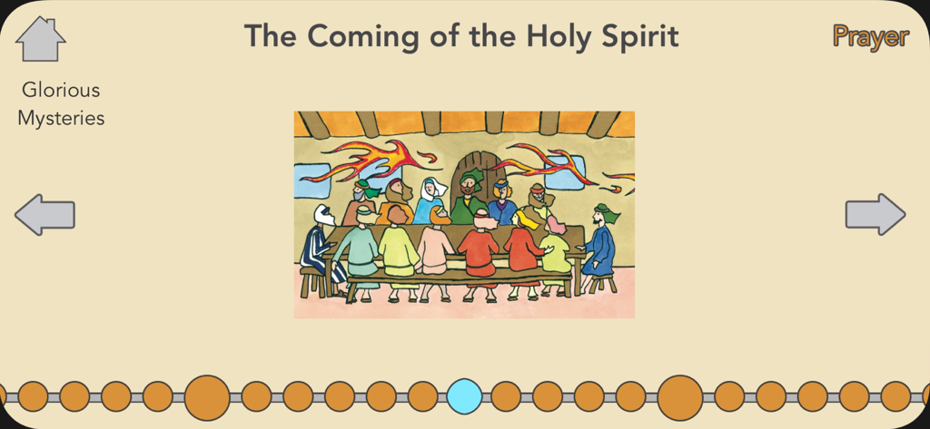 Bead By Bead - Bead By Bead Rosary app showing the Coming of the Holy Spirit mystery with a children illustration