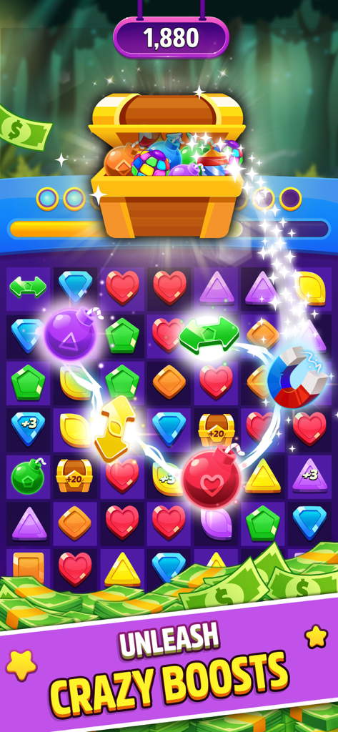 Match 3 Win Cash: Real Money - Pantalla de juego de un puzle match 3 que muestra gemas coloridas, potenciadores y tema de premios en efectivo