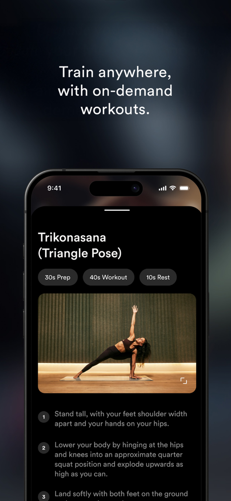 Third Space - A smartphone displaying the Third Space app with an on-demand yoga session for Trikonasana or Triangle Pose including a video preview and step-by-step instructions.
