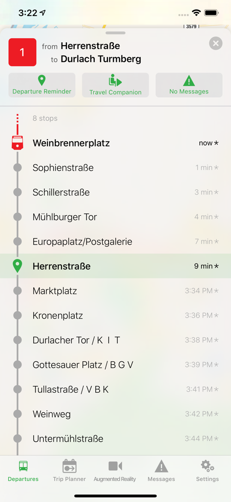 Interfaz móvil de la aplicación de tránsito Departures Live que muestra los tiempos de llegada en tiempo real para múltiples paradas en una ruta de transporte público.