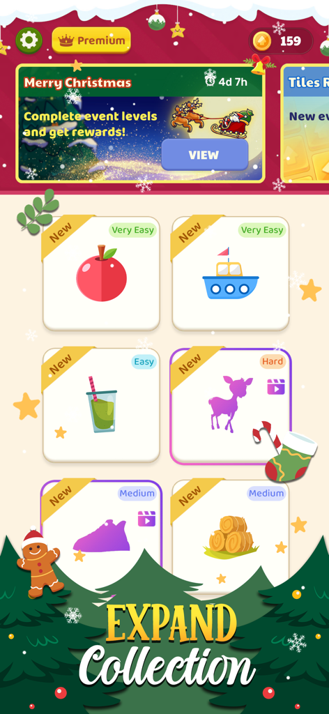 Color Tap: Art Unblock Puzzle - The collection menu of Color Tap showing different art puzzle levels and a Christmas event banner