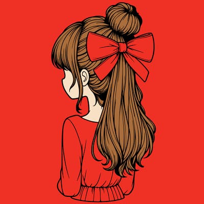 realistic girl  with hip length hair a bun and a big bow on the back of head