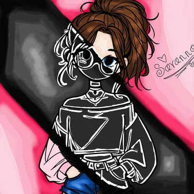 girl with a messy ponytail glasses a baggy crop top and jean shorts