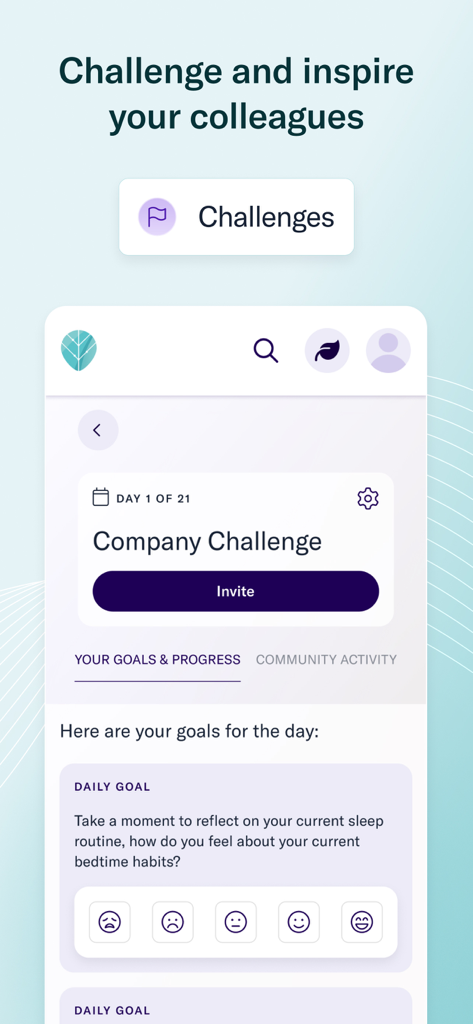 Thrive Global app interface showing a company challenge for employee wellness and goal tracking