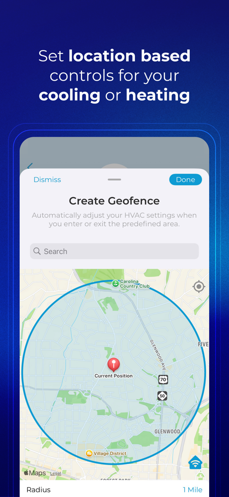 MRCOOL SmartHVAC - MRCOOL SmartHVAC app interface showing geofencing setup for location based temperature control