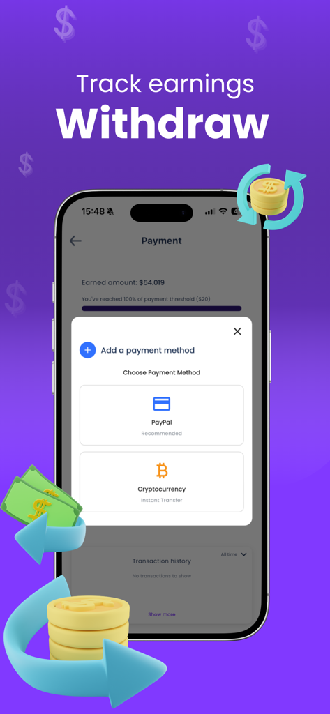 Earnne: Surveys for money - Earnne app screen showing payment withdrawal options for PayPal and Cryptocurrency